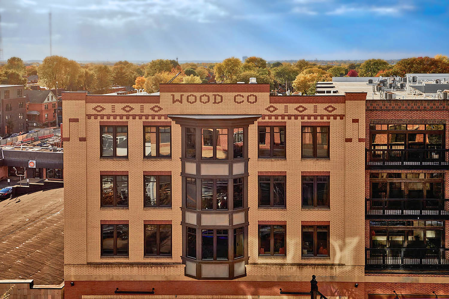 An aerial view of a building with the words hood co.