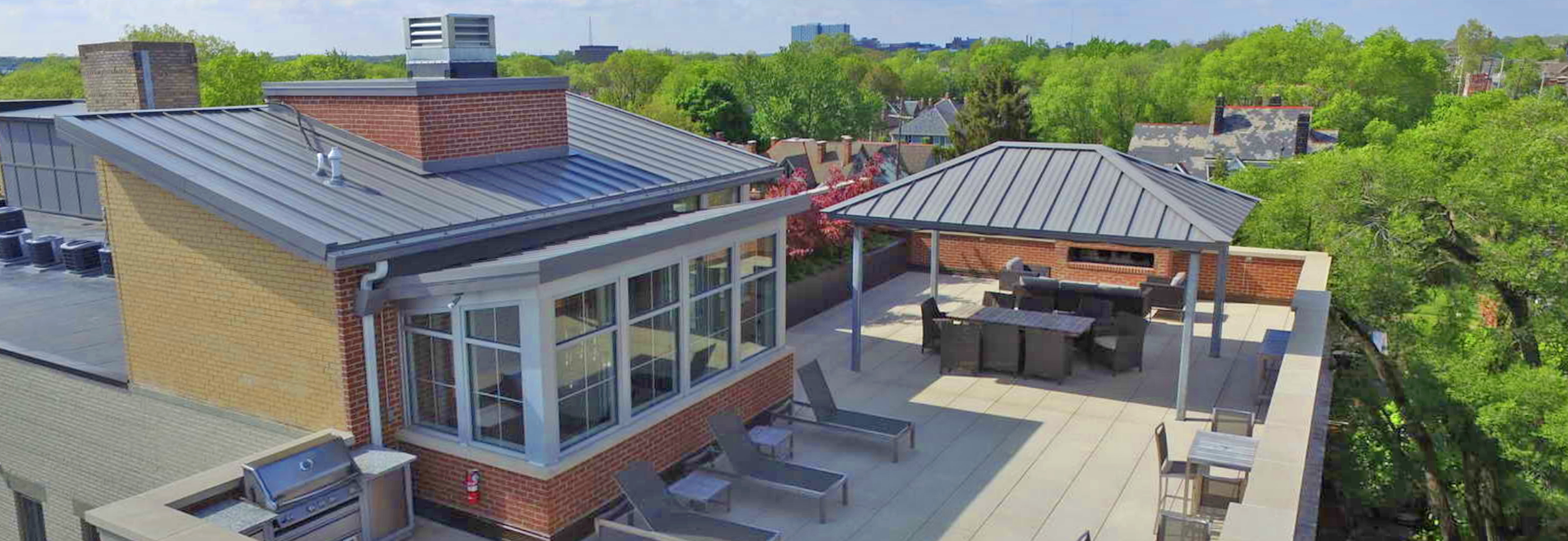 An aerial view of a rooftop patio.