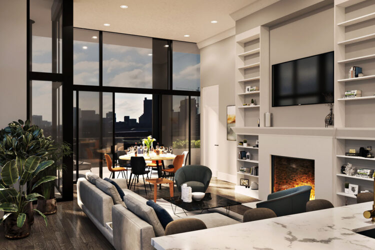 Modern living room with a marble-topped kitchen island, a fireplace, large windows, and a dining table overlooking a city view.