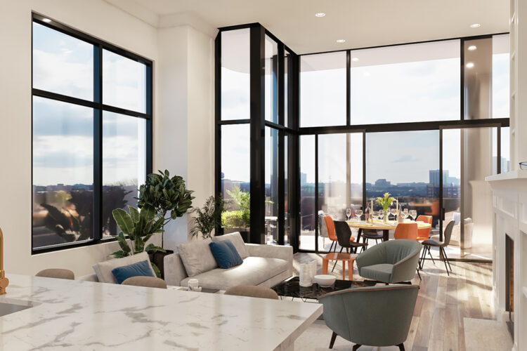 Modern living room with large windows, white walls, a marble countertop, seating area, and a dining table near the balcony.