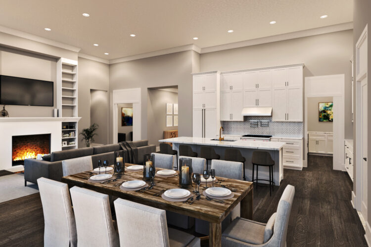 Modern open-concept living space with a dining area, cozy living room with a fireplace, and a kitchen featuring white cabinetry and an island with barstools.